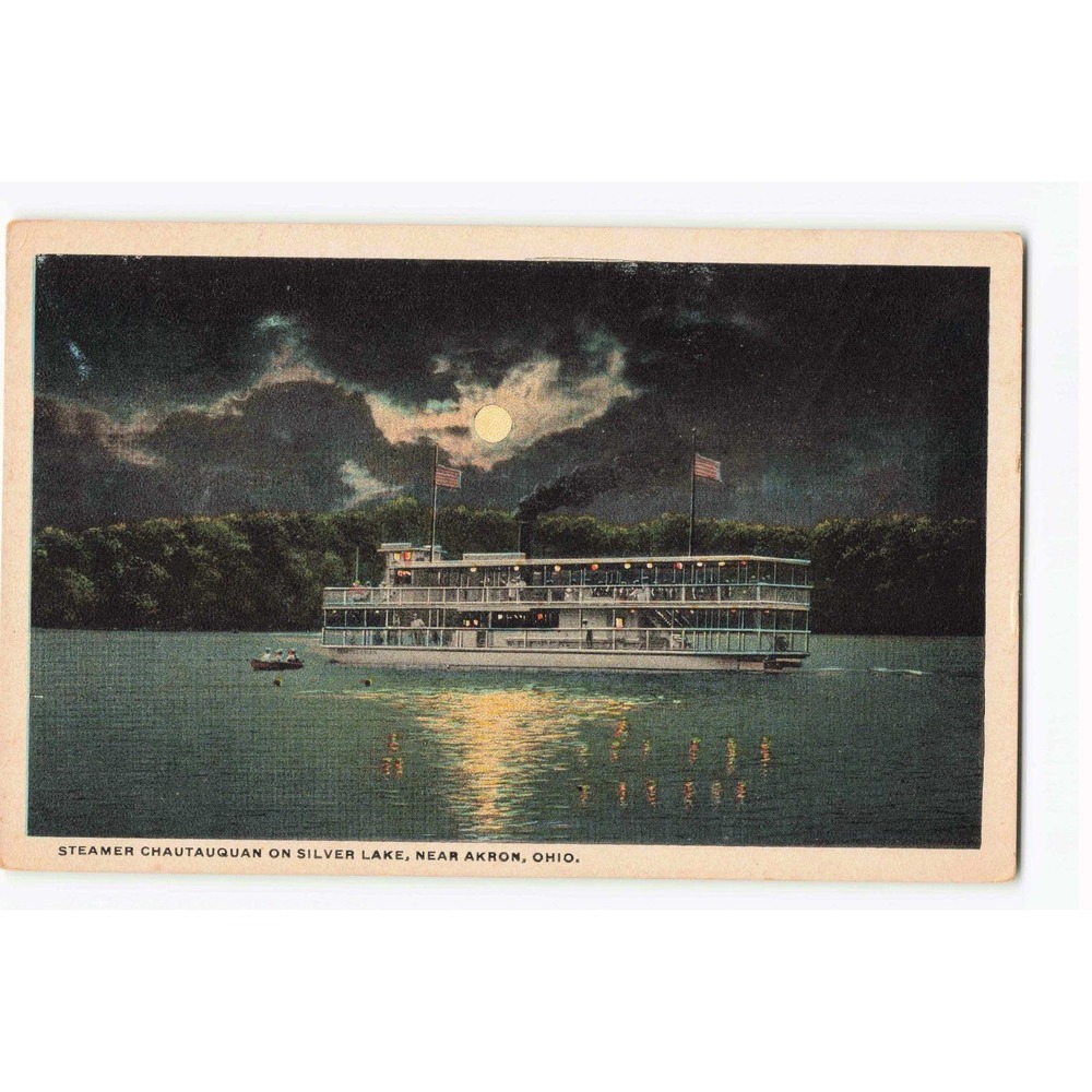 Vintage Steamer Chautauquan Silver Lake Akron Ohio Night Linen Postcard